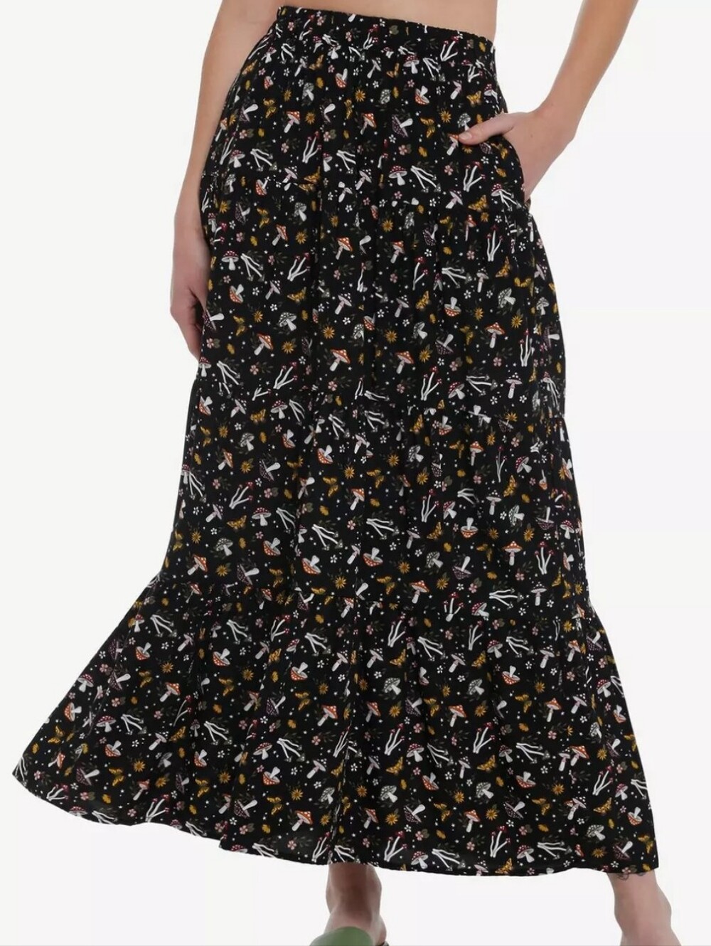 Thorn & Fable Black Floral & Mushroom Tiered Maxi Skirt Hot Topic
